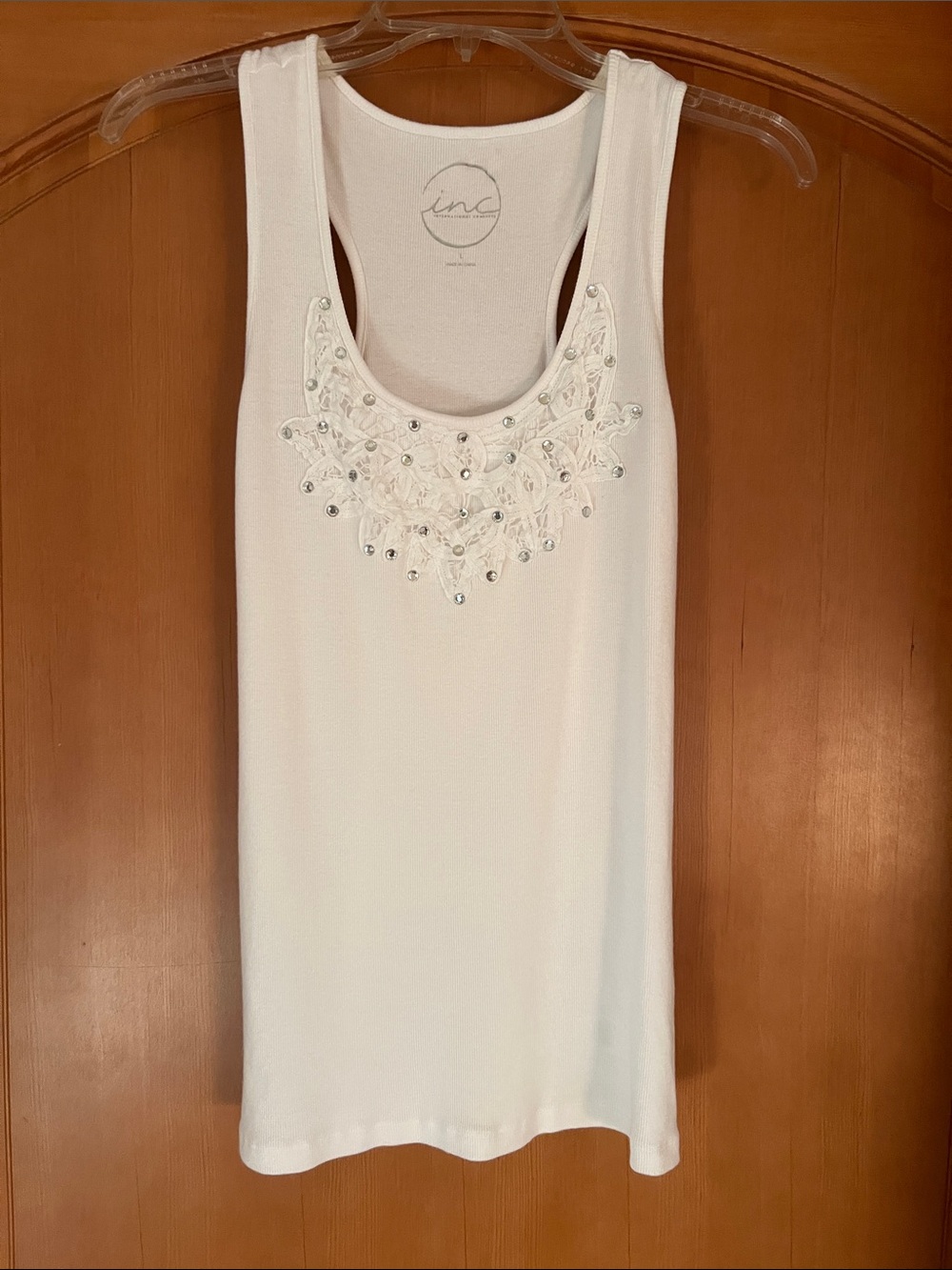INC International Concepts White Beaded Scoop Neck Tank